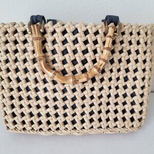 Vintage Raffia Woven Handbag Denim Lining Bamboo Handles